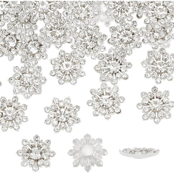 40 Pcs Rhinestone Buttons - 0.6 Inch Crystal Silver Alloy Shank Snowflake Shape