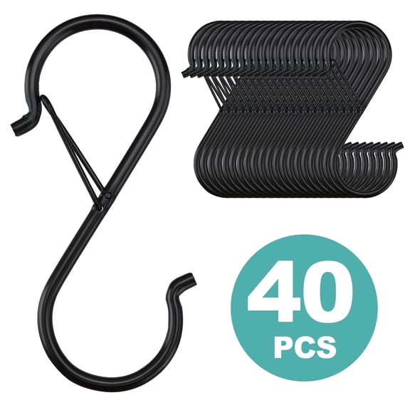40 Pcs S Hooks for Hanging Heavy Duty, 3.5-inch Metal S Hook with Safety Buckle Suitable for 0.5" Rods, S Hook for Hanging Plants, Closet, Kitchen Utensil, Pot, Pan, Bags