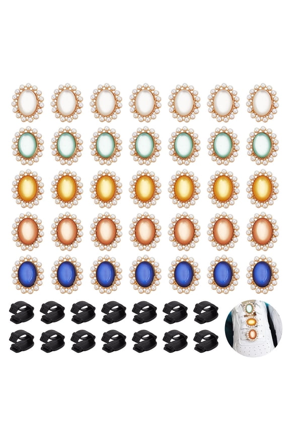 40 Pcs Shoelace Charms 5 Colors Blank Shoe Clips with Oval Cat Eye Cabochons Shoes Clips Decoration Making Kit