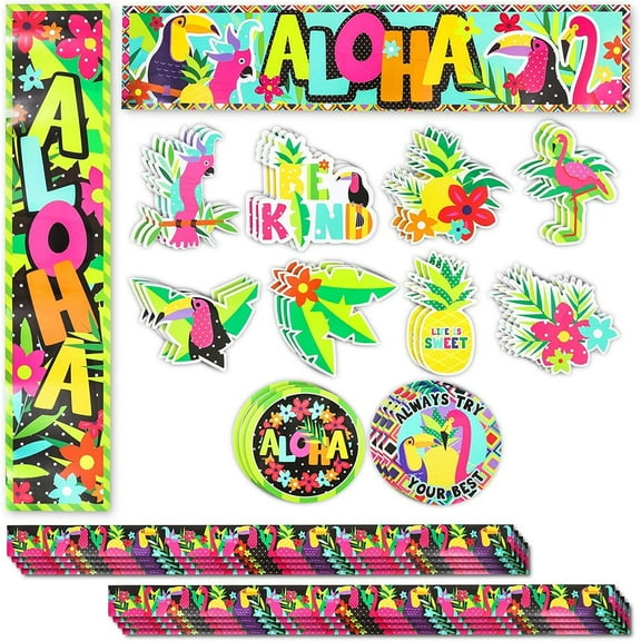 40 Pcs Tropical Bulletin Board Banner Borders and Cutout Decorations for Classroom, Aloha