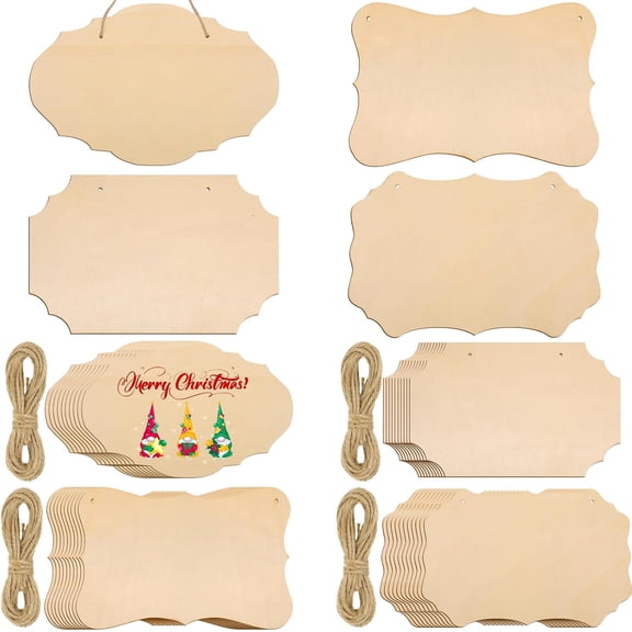40 Pcs Unfinished Wood Sign Blank, 4 Style Rectangular Wooden Plaques with Hanging Ropes for DIY Painting, Crafts, Home Door Wall Art and Holiday Decor, 9 x 5.91 Inch