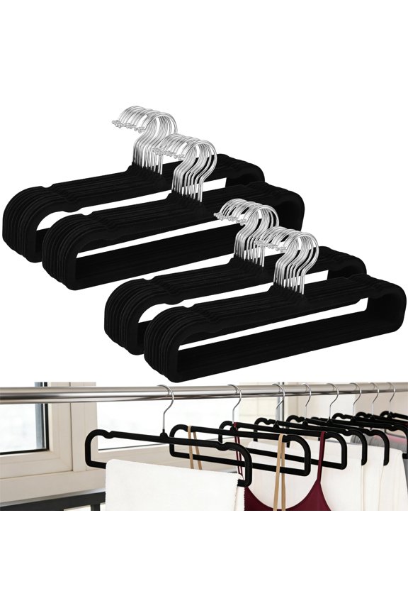 40 Pcs Velvet Pants Hangers, Black Non-skid Velvet Hangers, Space Saving Slim Clothes Hangers with 360 Swivel Hook, Flocked Hangers for Skirts, Pants, Dresses, Tank Tops, Bras