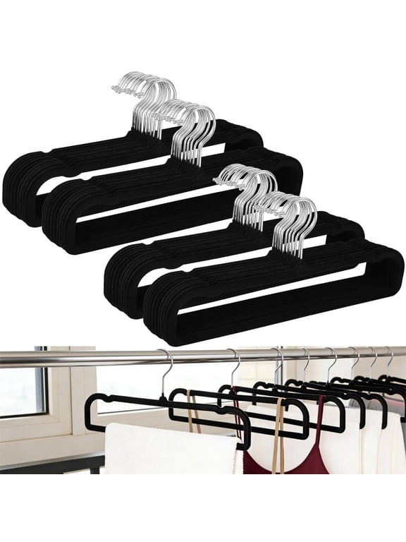 40 Pcs Velvet Pants Hangers, Black Non-skid Velvet Hangers, Space Saving Slim Clothes Hangers with 360 Swivel Hook, Flocked Hangers for Skirts, Pants, Dresses, Tank Tops, Bras