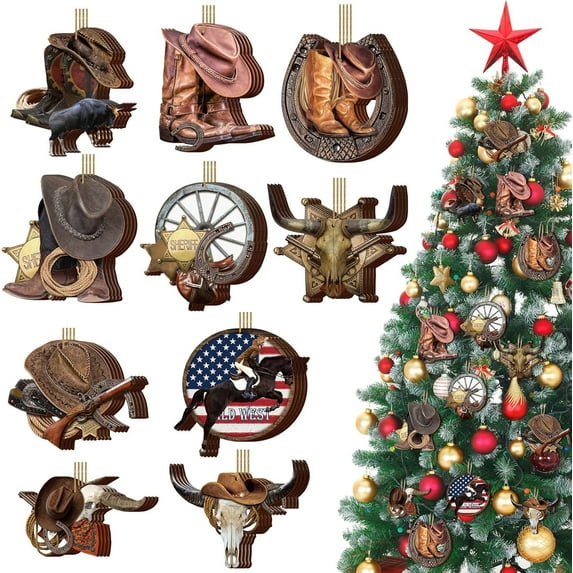 40 Pcs Western Christmas Ornament Western Tree Ornament Cowboy Horse Highland Cow Cactus Wooden Hanging Decorations Western Theme Party Decorations for Xmas Tree Home Decor(Highland Cow)