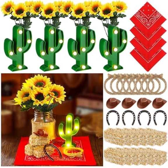 40 Pcs Western Cowboy Centerpieces for Table with Sunflowers Cactus Light Mini Hay Bales Horseshoe Bandannas Mini Cowboy Hat Hemp Rope for Western Wedding Birthday Party Decor
