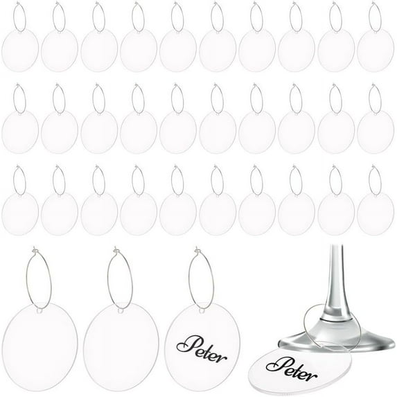 40 Pcs Wine Glass Charms Markers Tags Clear Wine Charms for Stem Glasses Acrylic Flat Round Wine Charms with Iron Hoop Wine Glass Identifier Tags Drink Ring Tags for Party Favors Gift