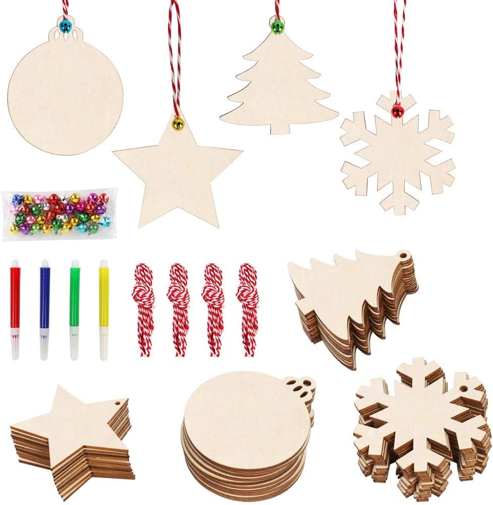Hidreas 40 Pcs Wooden Ornaments Unfinished Christmas DIY Ornaments Craft  Kit, Christmas Wood Ornaments with Bells, Wax Rope and Rhinestone Stickers  for Children Arts and Crafts Supplies