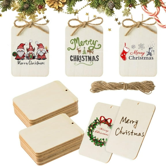 40 Pcs Wooden Tags, 2.5 x 3.5 Inch Unfinished Wood Rectangle Square Wooden Cutouts with Holes, Wood Ornaments with 32.8ft Rope for Holiday Gift Tags DIY Craft Christmas Hanging Decorations Painting