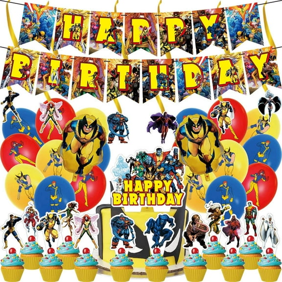 40 Pcs For X-Men Theme Birthday Party Decorations Set With 18 Balloons,2 Foil Balloons,1 Happy Birthday banner,1 Cake Topper,6 Hanging Swirls,12 Cupcake Toppers,All-in-One Celebration Kit