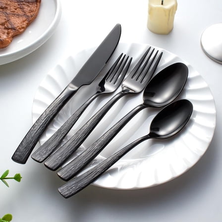 CITESANA 40-Piece Black Silverware Set for 8 - Heavy Duty Stainless Steel Flatware with Ripple Handles, Mirror Polished Kitchen Cutlery Set