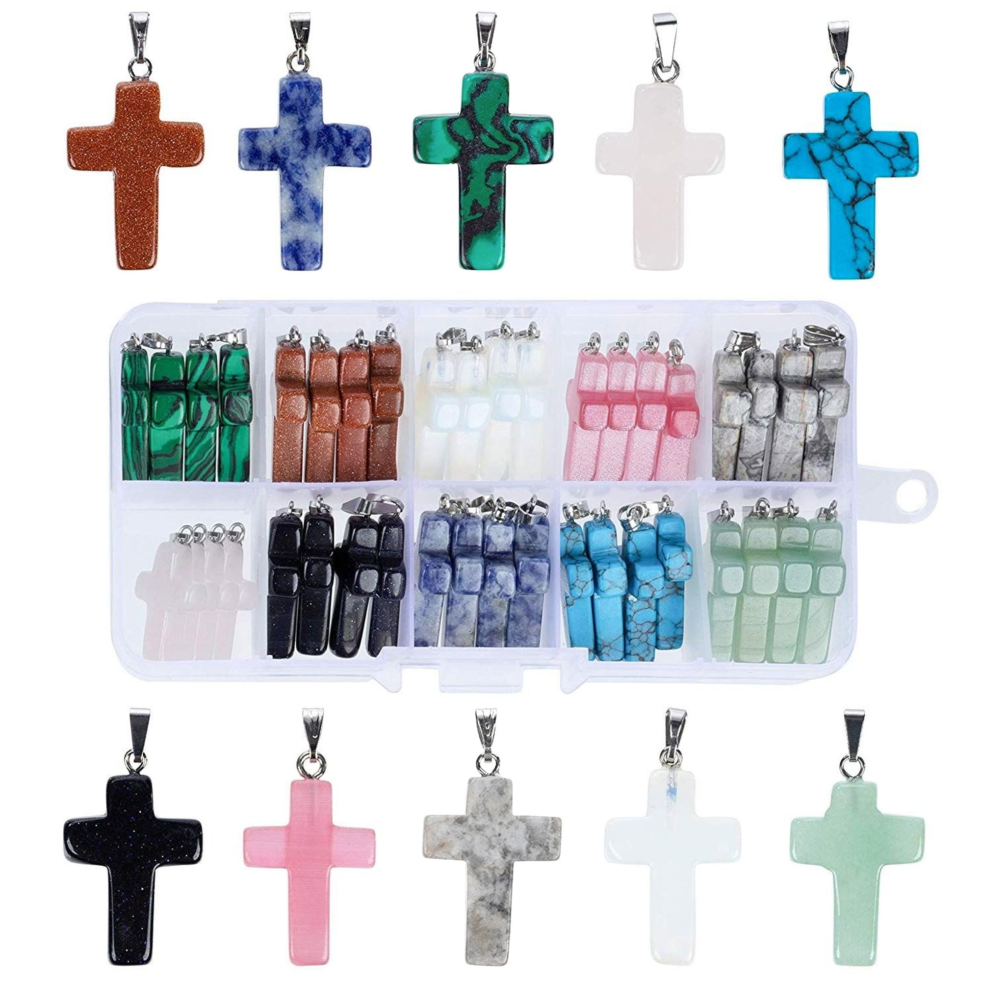100 Pcs Assorted Colors Natural Stone Cross Gemstone Pendant Charms with  100 Pcs Ropes Cross Quartz Crystal Chakra Charms Cross Charms for Jewelry