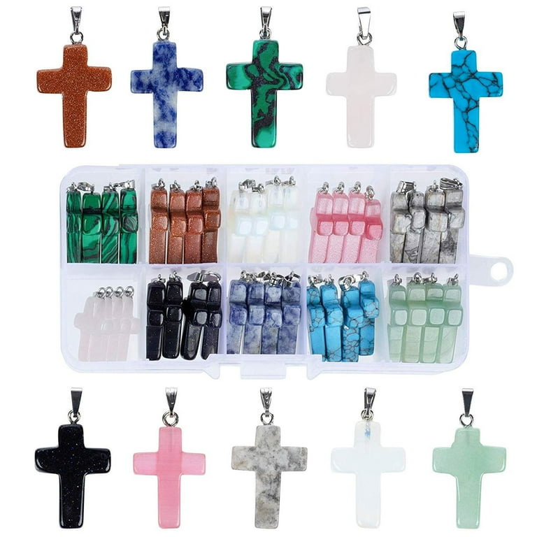 Hicarer 50 Pieces Stone Cross Gemstone Pendant Charms Cross Quartz Crystal Charms for Necklace Earring Bracelet Jewelry Making