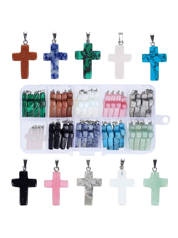 Cross Charms for Jewelry Making Kit - 40-Piece Assorted Gemstone Cross Charms, 10 Colors - Storage Case & Pendant Bails, Keychain Making Kit