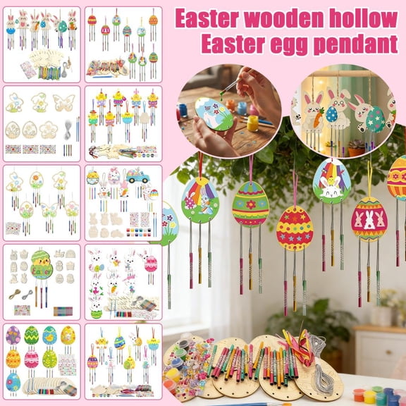 40-Piece DIY Wooden Hollow Easter Egg Wind Chime Kit, Unfinished Paintable Wood Cutouts with Hanging Accessories, Festive Handmade Craft Set for Easter Party Decor, Home Wall & Win