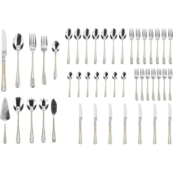 40 Piece Flatware with Hostess Set - Elegant 18/10 Stainless Steel Silverware Service for 8 - Luxurious Gold Trim Handles - Complete Cutlery and Serving Utensils - Dishwasher Safe (45 Piece, Verona)