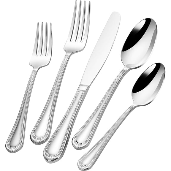 40-Piece Flatware Set for 8, Heavy Duty 18/10 Stainless Steel Silverware Set, Weighted Silverware Knives Forks and Spoons Set, Beaded Edge Handle, Dishwasher Safe