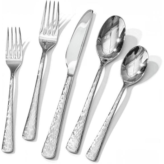 40-Piece Hammered Silver Flatware Set, 18/10 Stainless Steel with Ripple Handles, Dishwasher Safe