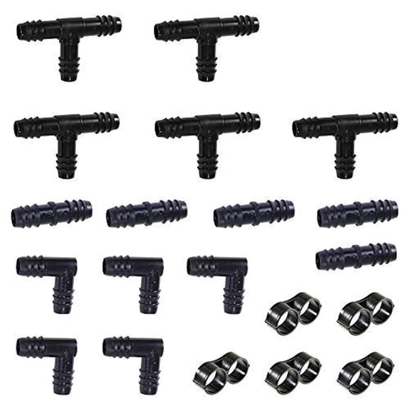 (40 Piece) - Irrigation Fittings Kit for 1/2" Inch Tubing - Tees, Couplings, Elbows, End Cap Figure 8 Plugs - Barbed Connectors (Black Pro Kit)