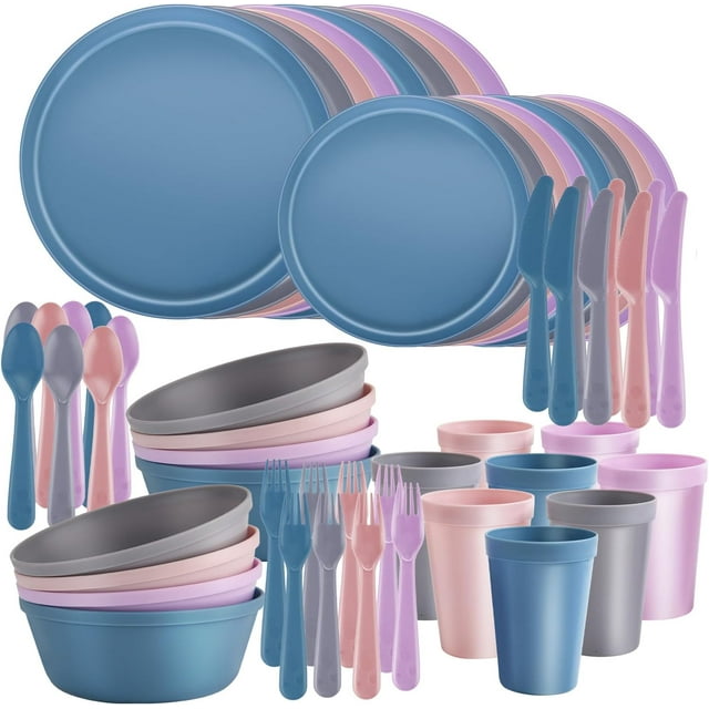 40-Piece Kitchen Plastic Dinnerware Set，Modern Dish Set for Apartment Essentials, Travel, Camping& RV, Picnic & Home Party, Reusable Plates Kids Plates and Bowls with Cutlery Set, Grey