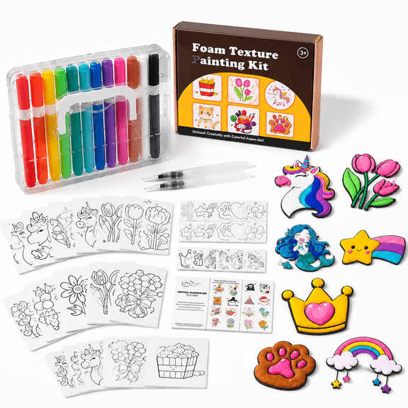 40-Piece Magic Foam Texture Art Kit, Cute Color, 24 Paper 12 Brushes 2 Water Brushes 3D Effect Set