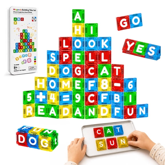40 Piece Magnetic Alphabet and Number Tiles Set with Math Symbols and Storage Tin, Learning Activity Set