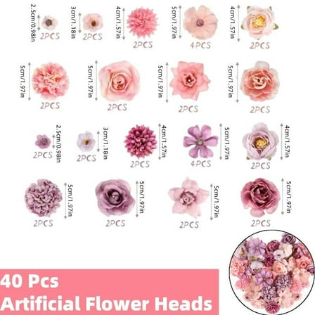 40 Piece Mini Artificial Plants Flower Flower Heads, Pink, Purple Flowers For Crafting With 9 Styles, Artificial Silk Flowers, For Artificial Wedding Home Diy Crafts Scrapbooking Decorative