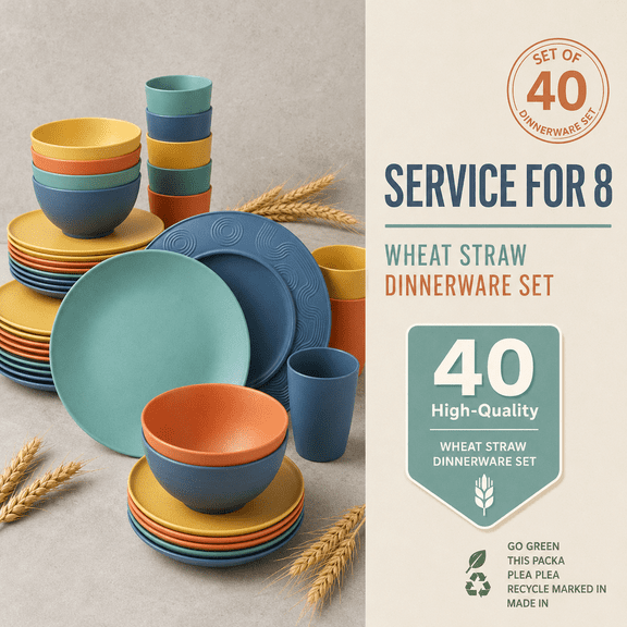 40-Piece Multicolor Wheat Straw Dinnerware Set, Service for 8