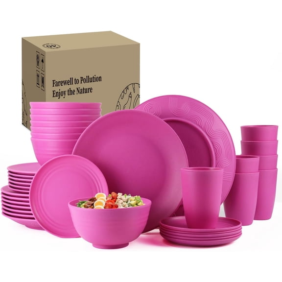 40-Piece Plastic Wheat Straw Dinnerware Set for 8, Pink, Microwave- and Dishwasher-Safe