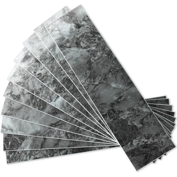 40-Piece Polished Dark Grey Marble Peel and Stick Backsplash Wall Tiles, 3" x 12" PVC Faux Stone Stick on Tiles for Backsplash Kitchen, Bathroom, Laundry Room, Camper, Fireplace