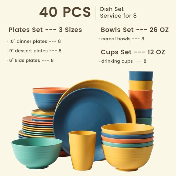 40-Piece Premium Wheat Straw Dinnerware Set for 8 -  Plates Bowls Cups Microwave Dishwasher Safe Multi