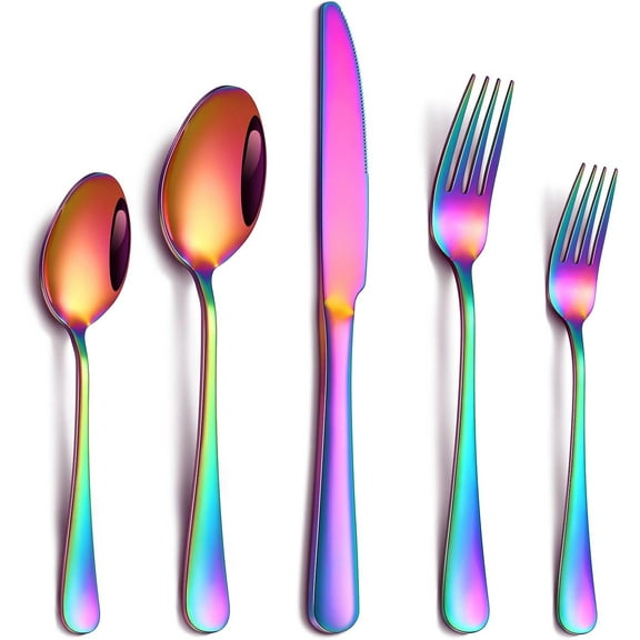 40 Piece Rainbow Silverware Set, Stainless Steel Flatware Set for 8 Colorful Cutlery Utensil Set Include Knife Fork Spoon Food Grade Mirror Polished Dishwasher Safe