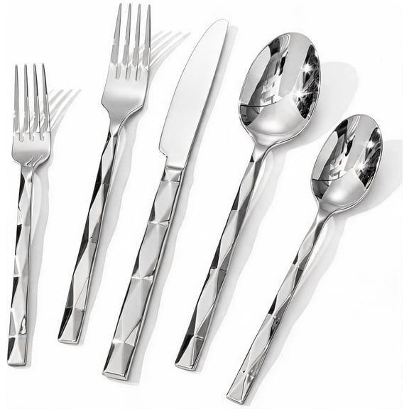 40-Piece Silver Flatware Set for 8, 18/10 Stainless Steel with Diamond Cut Pattern, Mirror Polished and Dishwasher Safe