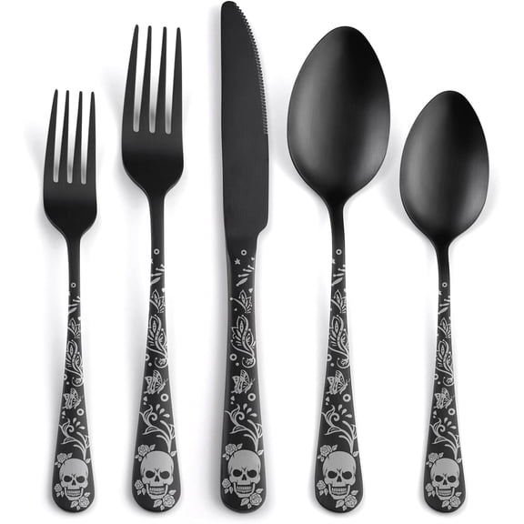 40 Piece Skull Pattern Black Flatware Set, Service for 8, Matte Satin 18/0 Stainless Steel Silverware, Gothic Unique Skull Cutlery, Dishwasher Safe for Home Dining, Party & Halloween Decor
