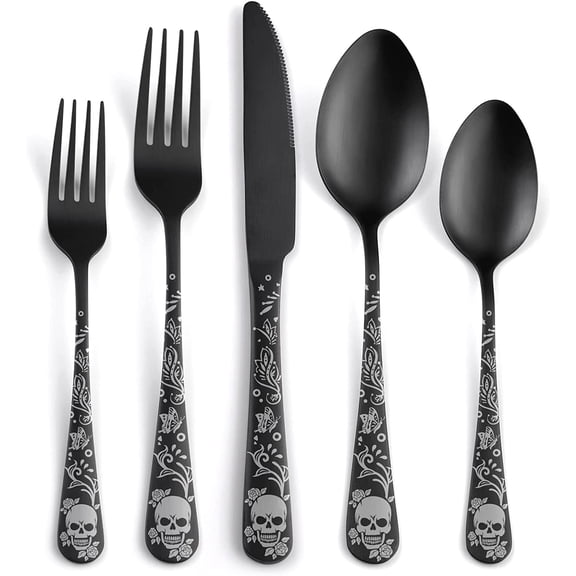40 Piece Skull Pattern Matte Silverware Set for 8, Black Flatware set Service for 8,Gothic Unique Skull Pattern Design,18/0 Stainless,Satin Finish Cutlery for 8,Dishwasher Safe