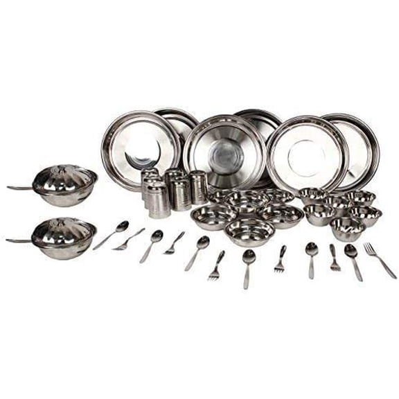 40 Piece Stainless Steel Dinnerware Set |Heavy Duty Silver Plates, Bowls, Dessert Plates, Glasses, Spoons & Serving Bowls for Home and Gifting |Kitchen Regular Use