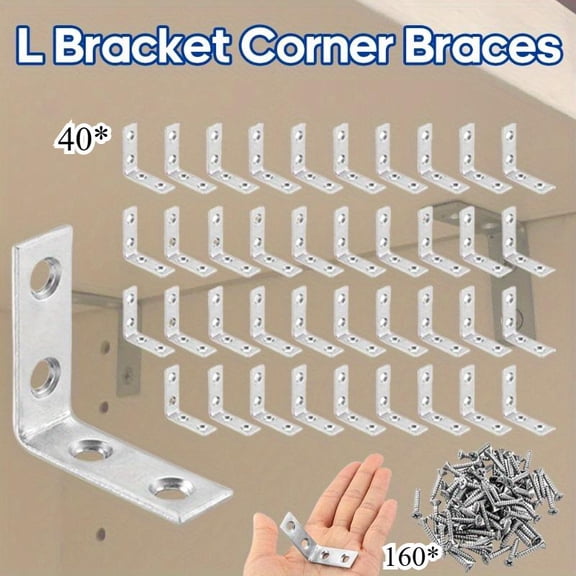 40 Piece Stainless Steel L-shaped Angle Bracket Kit with 160 Pieces of Screws, Suitable for 90 Degree Right Angle Support of Wooden Frames, Chairs, and Furniture, Textiles & Soft Furnishings