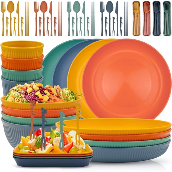 40-Piece Wheat Straw Dinnerware Set, Service for 4, Unbreakable Plates Bowls Cups Utensils with Fruit Forks, Dishwasher & Microwave Safe, Apartment Essentials & Outdoor Camping