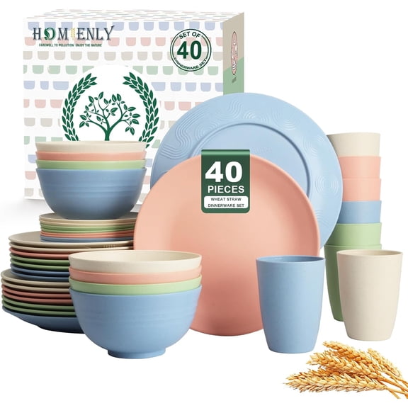 40-Piece Wheat Straw Dinnerware Set for 8 Including Plates Bowls and Cups Microwave and Dishwasher Safe Multi Light