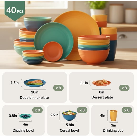 40-Piece Wheat Straw Dinnerware Set for 8 -  Plates and Bowls for Kitchen, RV, Dorm, Camping
