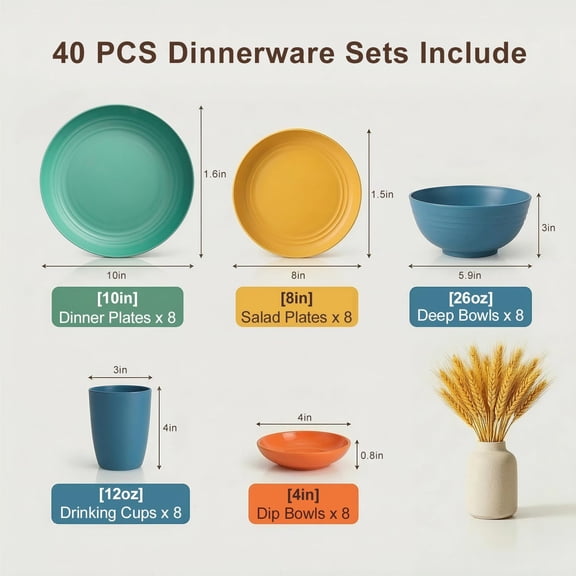 40-Piece Wheat Straw Dinnerware Set for 8, Plates and Bowls with Cups, Microwave Dishwasher Safe Multi