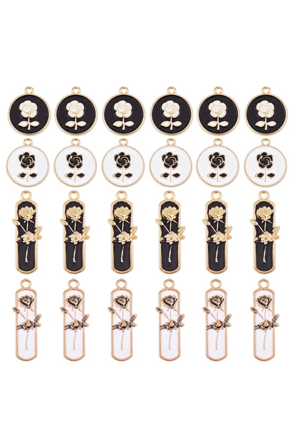 40 Pieces Alloy Rose Charms Flat Round Floral Pendants Rectangle Epoxy Dangle Charms DIY