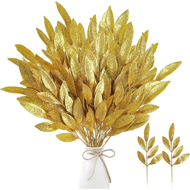 40 Pieces Artificial Glitter Leaf Gold Glittered Spray Picks 13’’ Fake