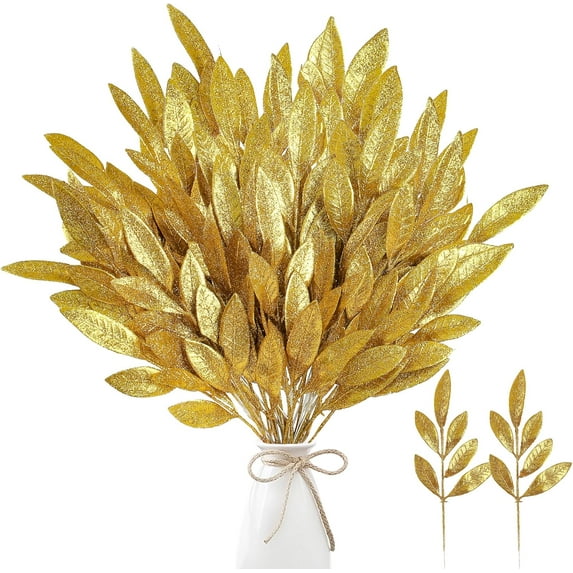 40 Pieces Artificial Glitter Leaf Gold Glittered Spray Picks 13’’ Fake Floral Leaf Branches Xmas Decoration for Christmas Tree DIY Wreath Crafts Gift Home Garden Decoration(Gold,40 Pieces) A
