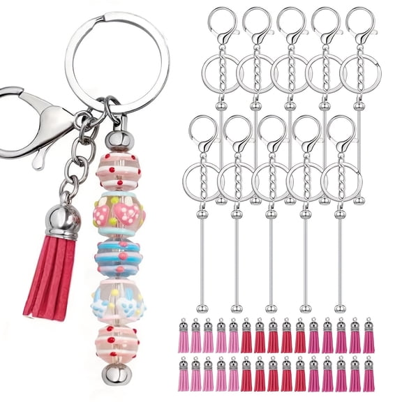Beadable Keychains Bars With 30 Tassels DIY Multicolor Blank Beadable Keychains - Keychain Bars Suitable for Bead Keychain Office DIY Gift