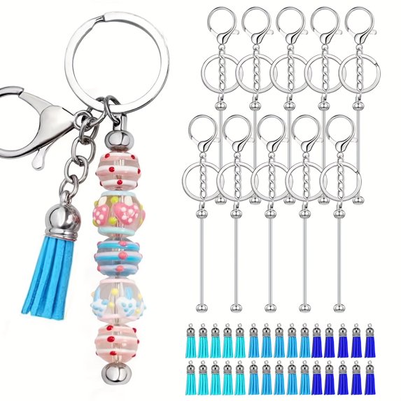 40 Pieces Beadable Keychains Bars With 30 Tassels DIY Multicolor Blank ...