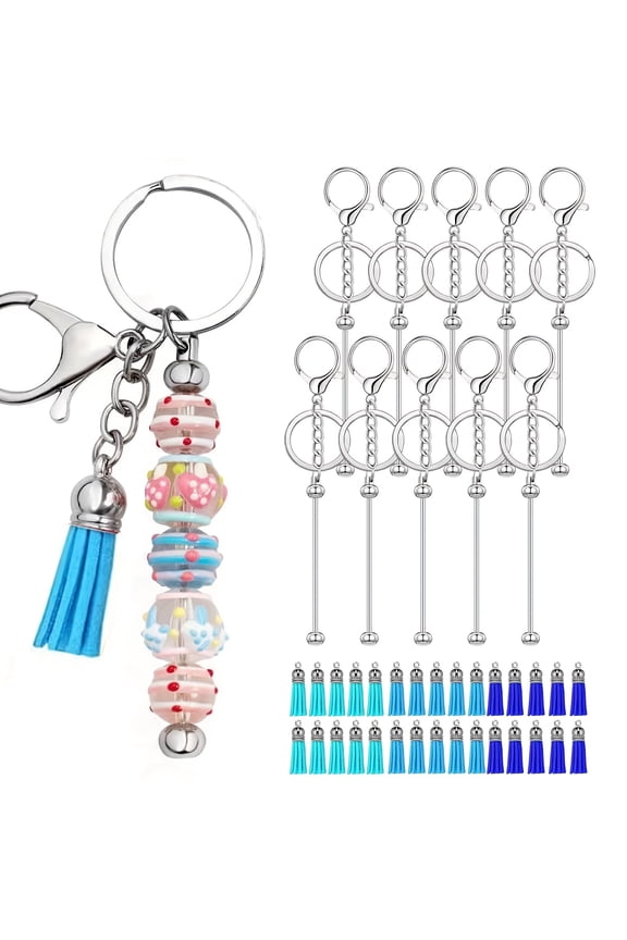 40 Pieces Beadable Keychains Bars With 30 Tassels DIY Multicolor Blank Beadable Keychains - Keychain Bars Suitable for Bead Keychain Office DIY Gift