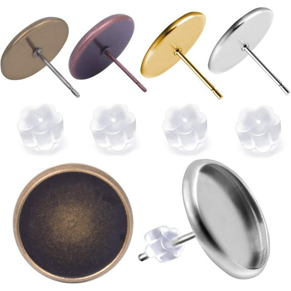 40 Pieces Cabochon Earring Settings with 40 Rubber Backs, Stainless Steel Stud Earring Cabochon Setting Post Cup Fit for 12mm (4 Colors)