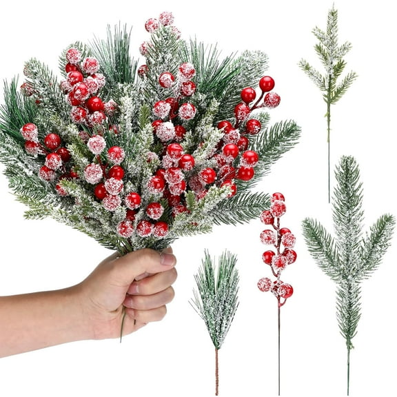 40 Pieces Christmas Snowy Pine Tree Picks Artificial Berry Stems Sprays Faux Cedar Pine Needles Branches for Holiday Arrangement Wreath DIY Garland Holiday Decor Winter Greenery (Red)
