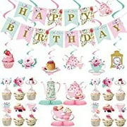 40 Pieces Floral Tea Party Decorations Floral Birthday Banner Teapot Birthday Decorations Floral Tea Honeycomb Centerpieces Tea Hanging Swirl Decoration for Birthday Baby Shower Wedding Part