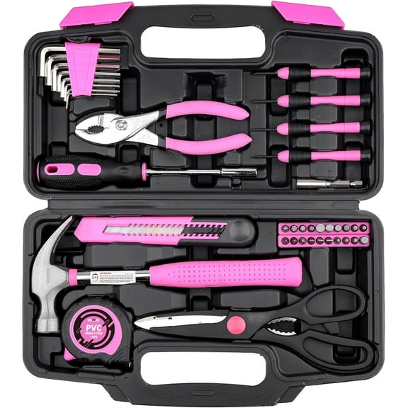 40 Pieces Home Tool Set Pink, General Household Hand Tool Kit with Plastic Toolbox Storage Case, Mini Repair Tool kit for Women, College Students, Home Use & More
